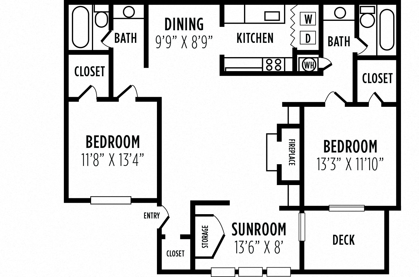 Floor plan for 2 beds, 2 baths, 1343 sqft